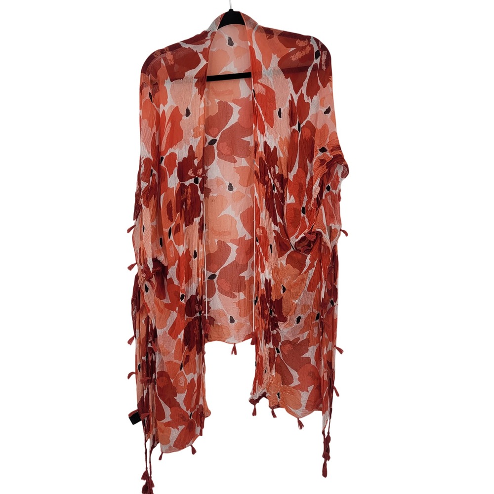 Katydid Red Floral Gauze Kimono Cardigan Cover Up Tassel Fringe Boho One Size